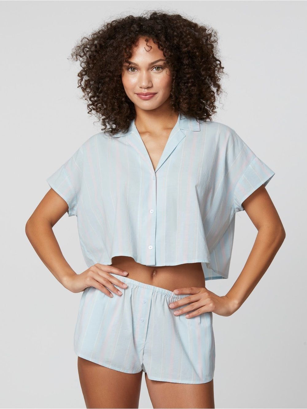 NWT Florence Sunburst Striped Sleep V Neck Collared Button Shirt Size S Seaglass